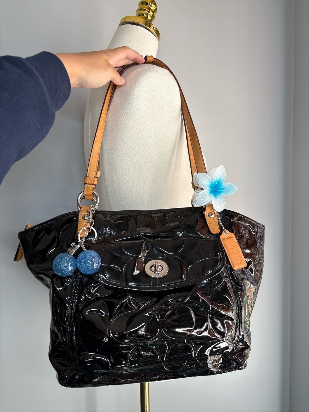 Vintage Coach Black Patent Leather Tote with Tan Leather Handles